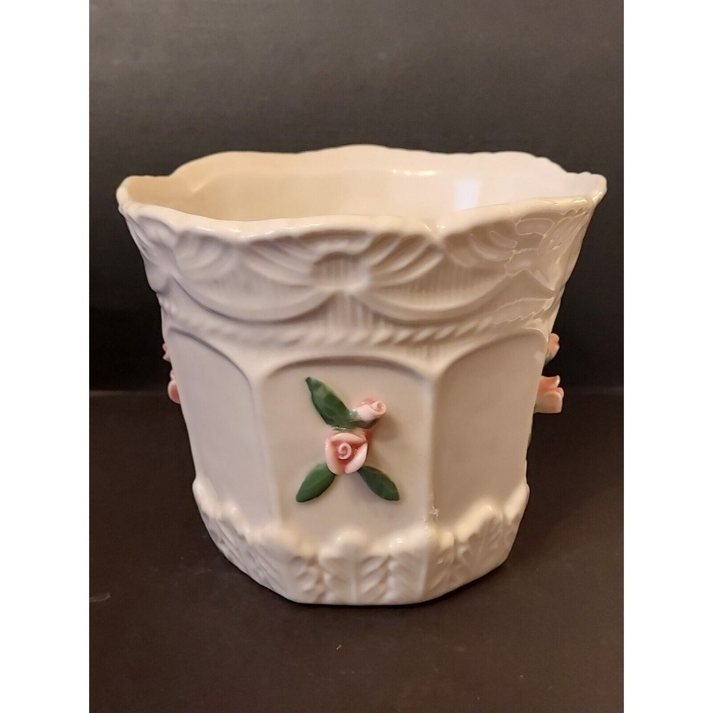 Vintage Porcelain Bloom Rite Planter Vase With 3D Pink Flowers